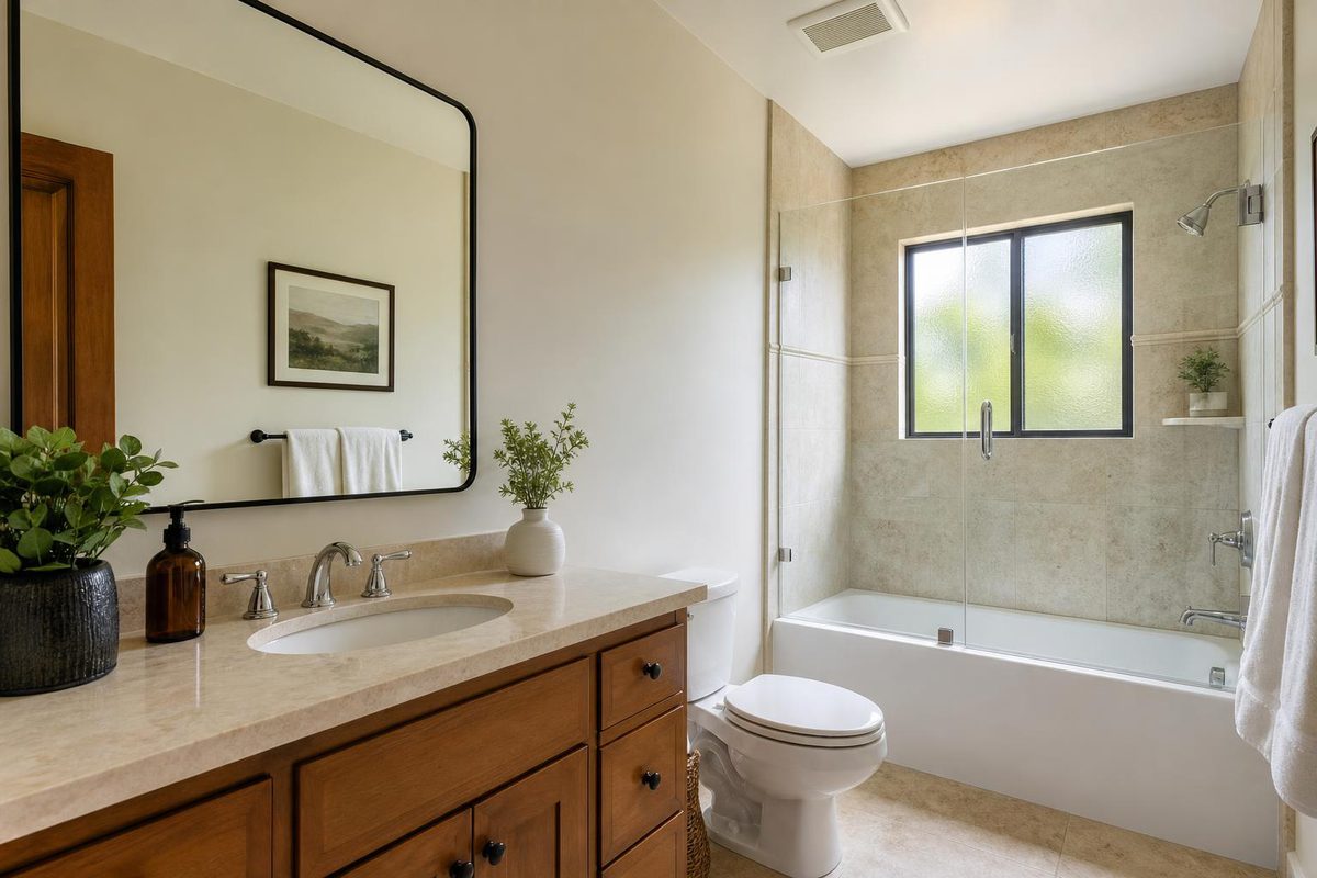 A bathroom with a tiled tub and shower, vanity, and exhaust fan