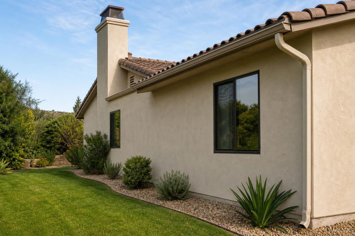 The exterior of a stucco home showing the chimney, roofline, and foundation edge