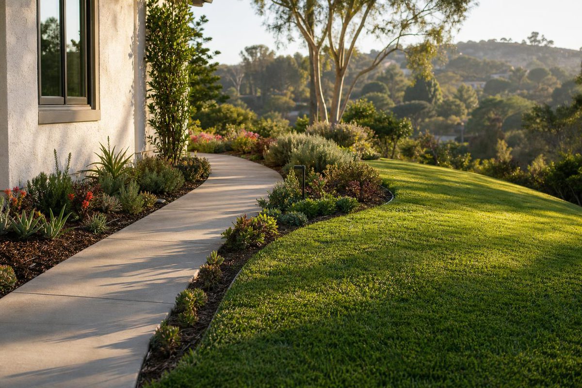 A front yard with a concrete walkway, lawn, and planting beds graded away from the house