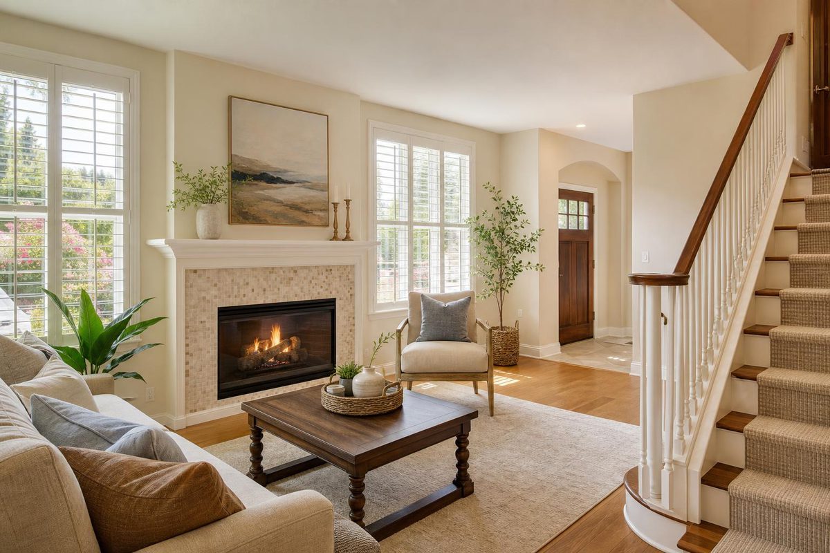A living room with a fireplace, large windows, and a staircase