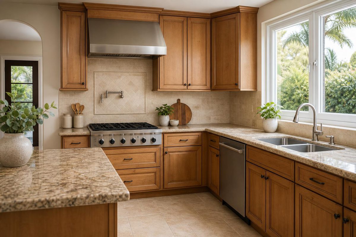 A kitchen with a range, dishwasher, sink, and stone countertops