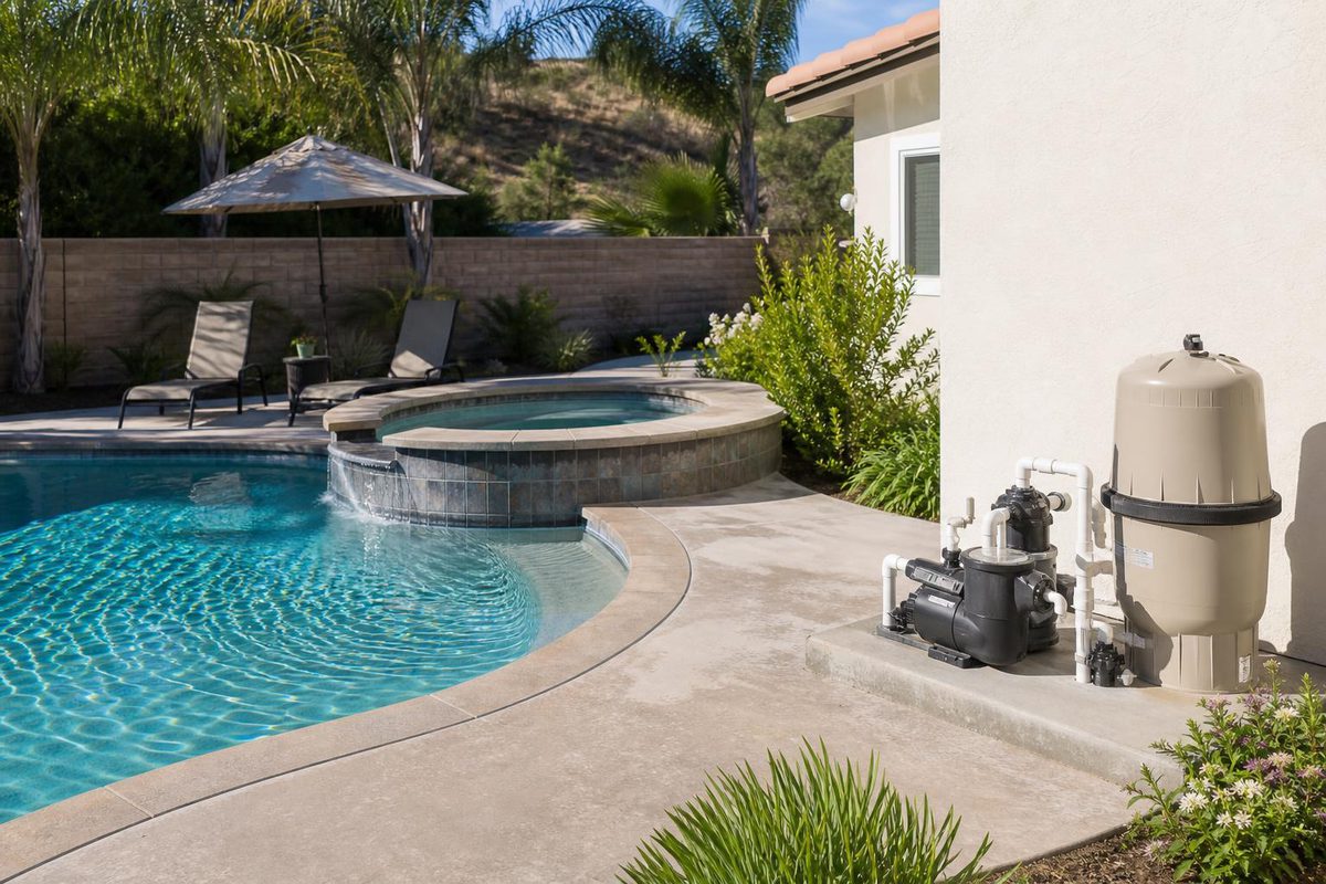 A backyard swimming pool and raised spa with the pool equipment pad beside the house