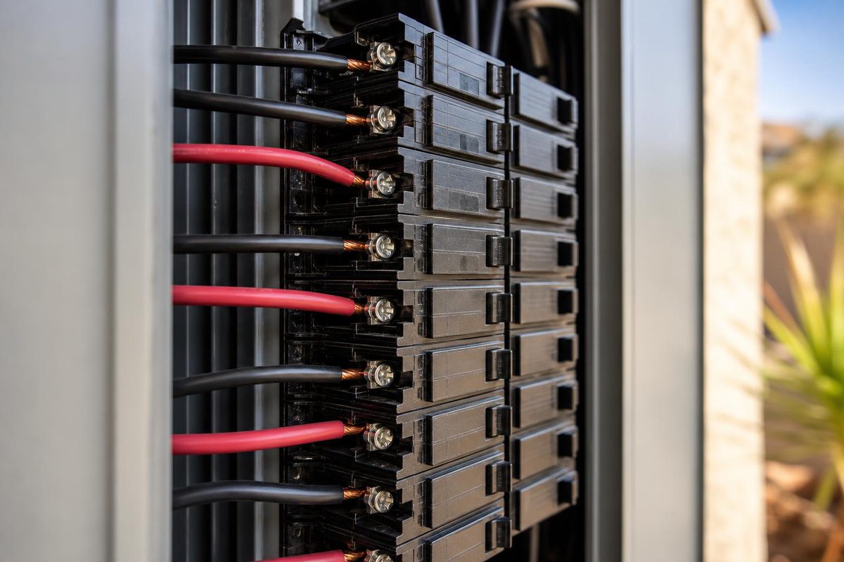 Close-up of circuit breakers seated on the bus bar inside an open panel