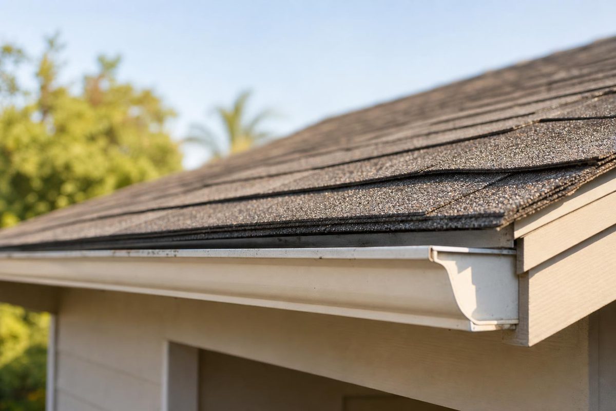 The eave of an asphalt shingle roof with more than one layer of shingle visible at the edge