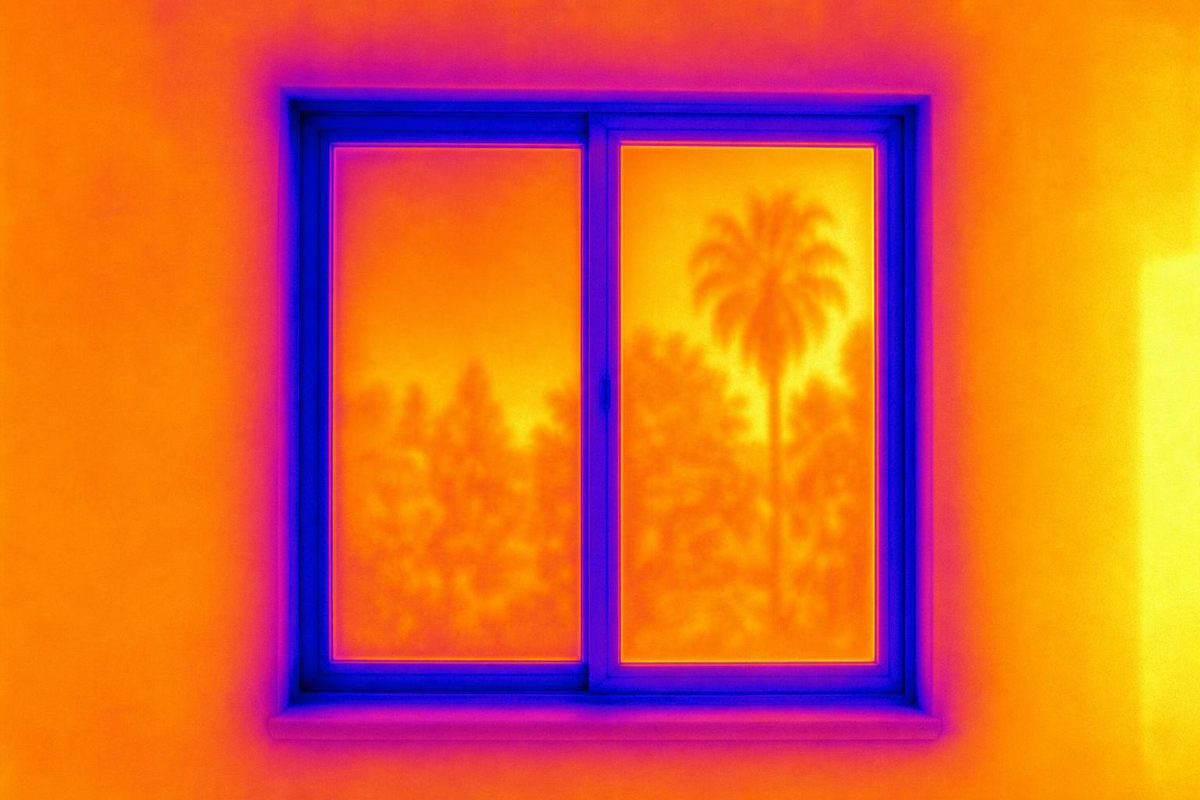 A false-colour infrared image of a window from inside, cooler air showing blue around the frame