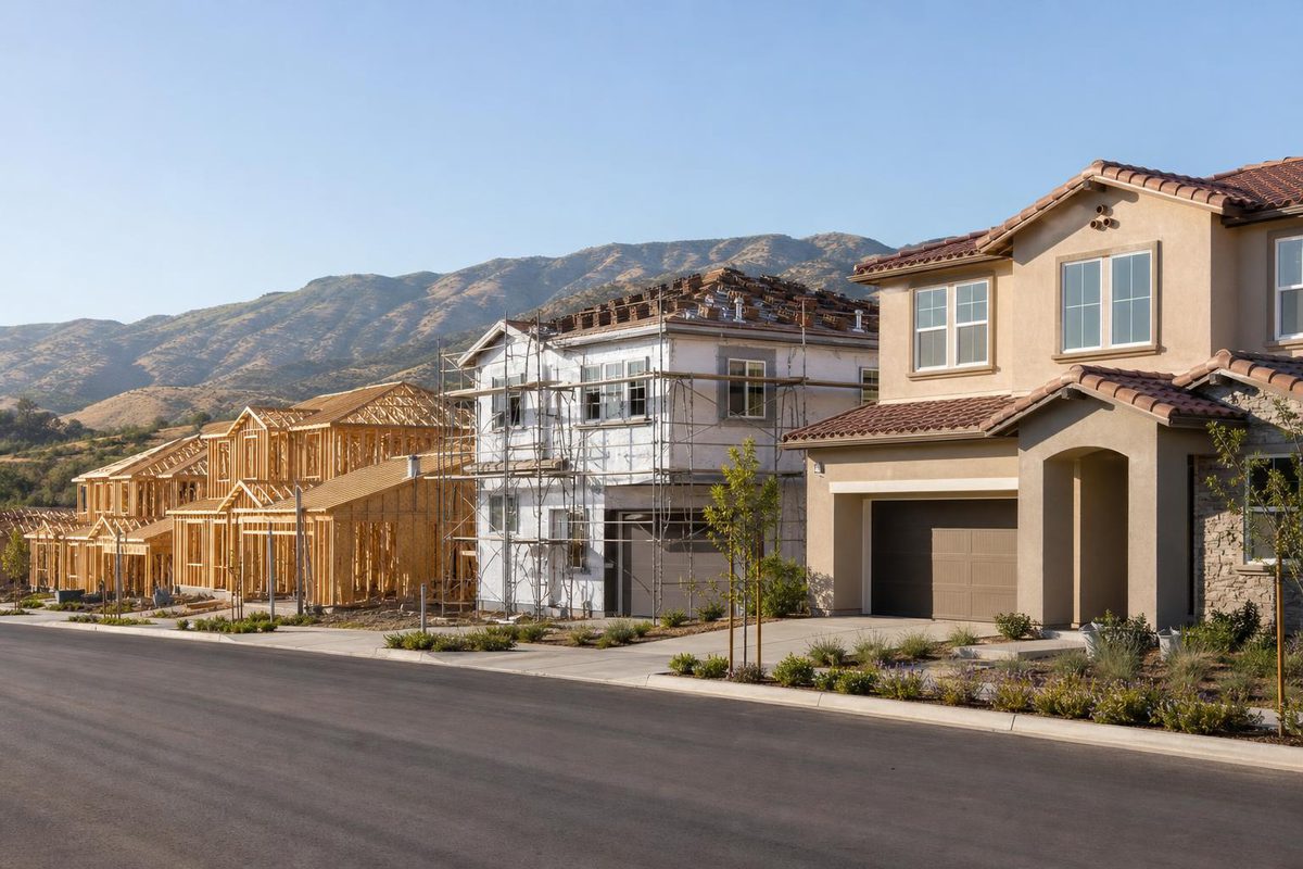 A row of new homes at different stages of construction along a fresh street