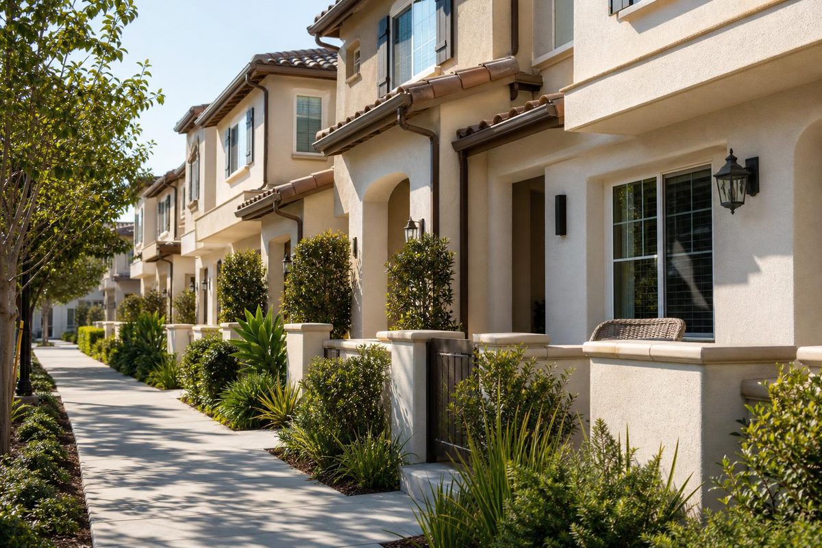 A row of attached townhomes with shared walls and small front patios